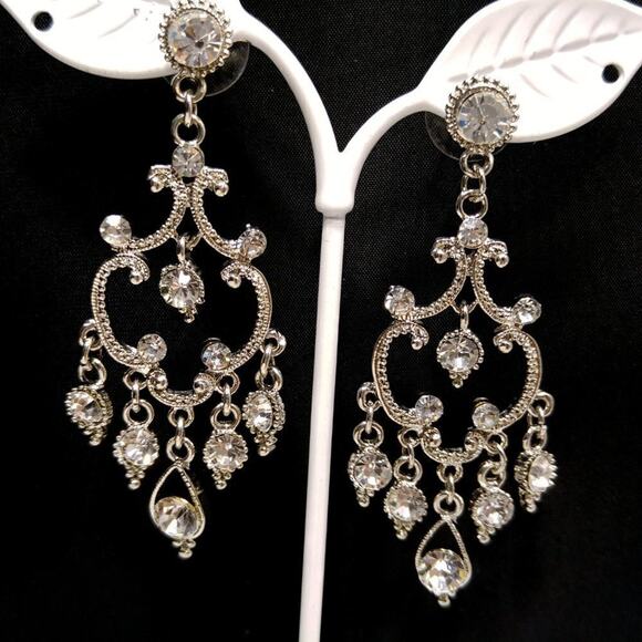 Dangle Earrings Clear Rhinestones Silver Tone, 2 3/4 Inch, Formal Wedding Posts - Picture 4 of 8